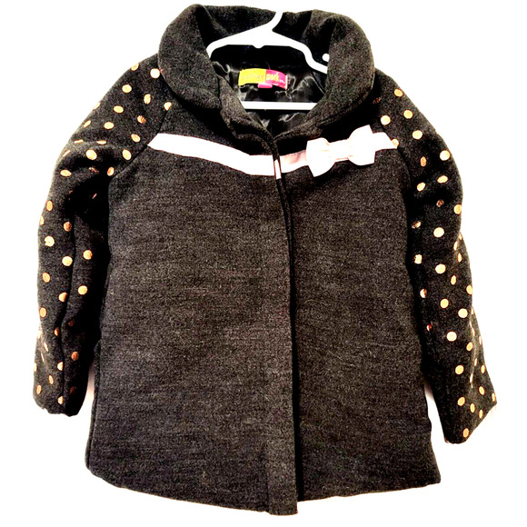 PENELOPE MACK Girls Jacket Size 4T Gray with Gold Polka Dots Pink Bows and Trim - Picture 1 of 7